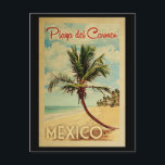 Playa del Carmen Postcard Palm Tree Vintage Travel<br><div class="desc">A uniquely retro mid-century modern Playa del Carmen Mexico art print in vintage travel poster style. It features a curved palm tree on sandy beach with ocean under a blue cloudy sky.</div>