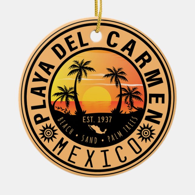 Playa del Carmen Retro Sunset Palm trees 1960s Ceramic Tree Decoration (Front)