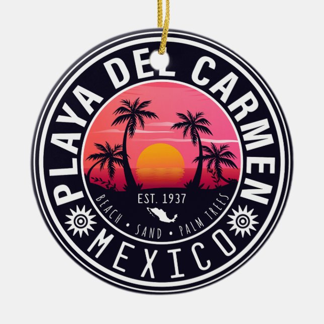 Playa del Carmen Retro Sunset Palm trees 1960s Ceramic Tree Decoration (Front)