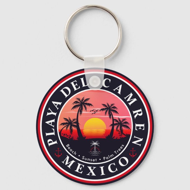 Playa del Carmen Retro Sunset Palm trees 1960s Key Ring (Front)