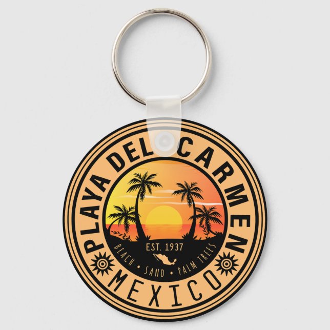 Playa del Carmen Retro Sunset Palm trees 1960s Key Ring (Front)
