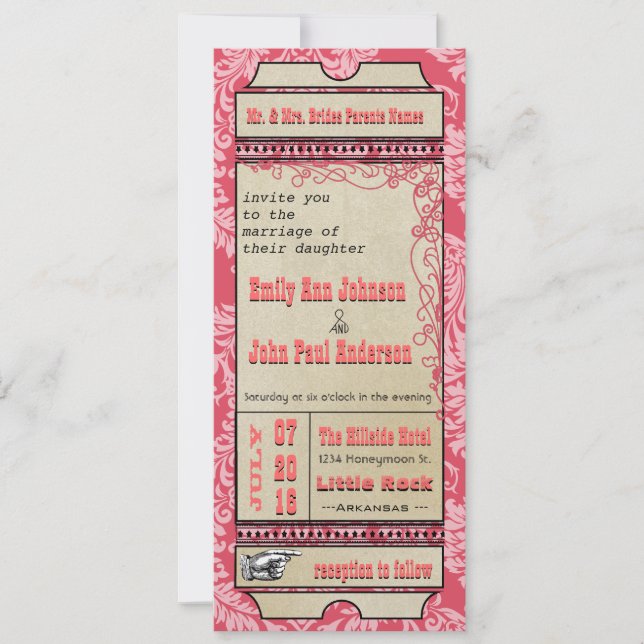 Playbill Ticket Wedding Raspberry Coral and Yellow Invitation (Front)