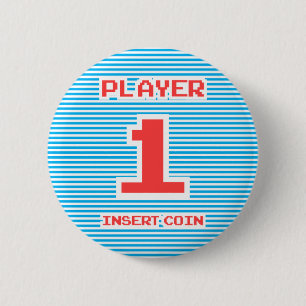 Player 1 Insert Coin, Playing With Stripes, 6 Cm Round Badge
