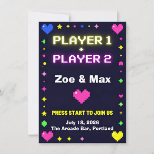 Player 1 Player 2 Retro Gaming Wedding Invitation
