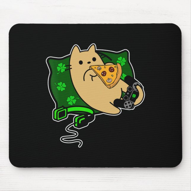 Player Cat Eats Pizza Clover St. Patricks  Mouse Mat (Front)