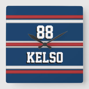 Player Jersey Stripes in Red White Blue Square Wall Clock
