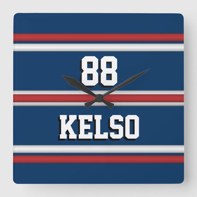 Player Jersey Stripes in Red White Blue Square Wall Clock (Front)