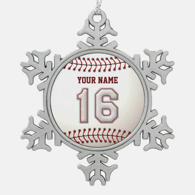 Player Number 16 - Cool Baseball Stitches Snowflake Pewter Christmas Ornament (Front)