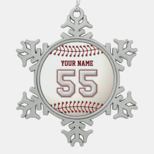 Player Number 55 - Cool Baseball Stitches Snowflake Pewter Christmas Ornament