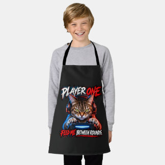Player One Gamer Cat Red Blue Grunge Art Apron