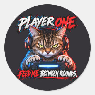 Player One Gamer Cat Red Blue Grunge Art Classic Round Sticker