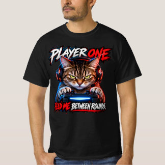 Player One Gamer Cat Red Blue Grunge Art T-Shirt