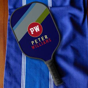 Player's Name on Striped Blue Pickleball Paddle