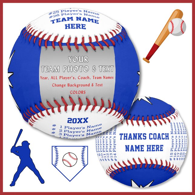 Players, Team, Coach Names Personalised Baseball (Best end of the baseball season gifts to coaches. Personalized Baseball. Blue and White Baseball.)