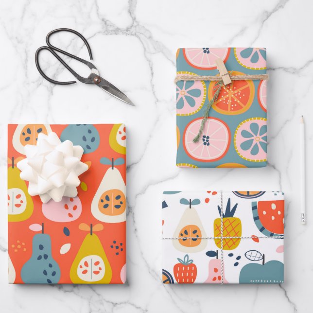 Playful Abstract Fruit Pattern in Blue and Red Wrapping Paper Sheet (Front)