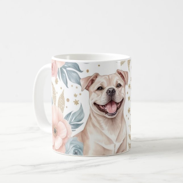 Playful American Staffordshire Terrier with Floral Coffee Mug (Front Left)