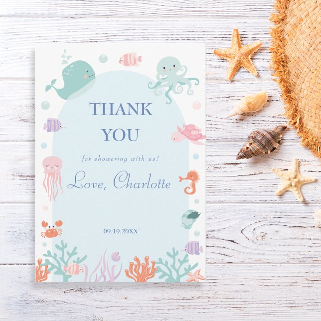 Playful Aqua Underwater Ocean Animals Baby Thank You Card (Creator Uploaded)