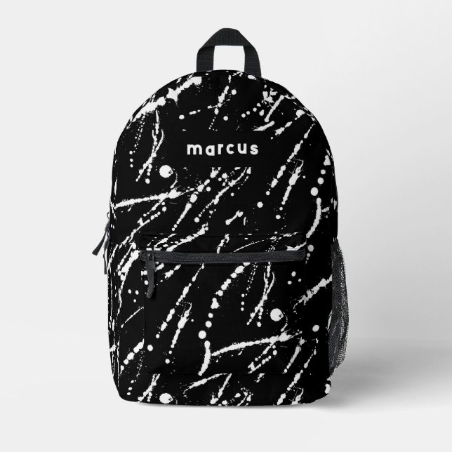 Playful artistic black and white splatter w/ name printed backpack (Front)