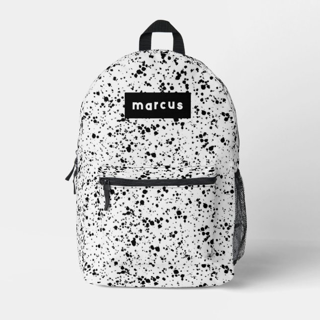 Playful artistic black splatter on white with name printed backpack (Front)