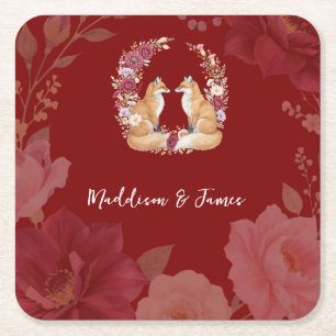 Playful Autumn Fox Wedding Square Paper Coaster