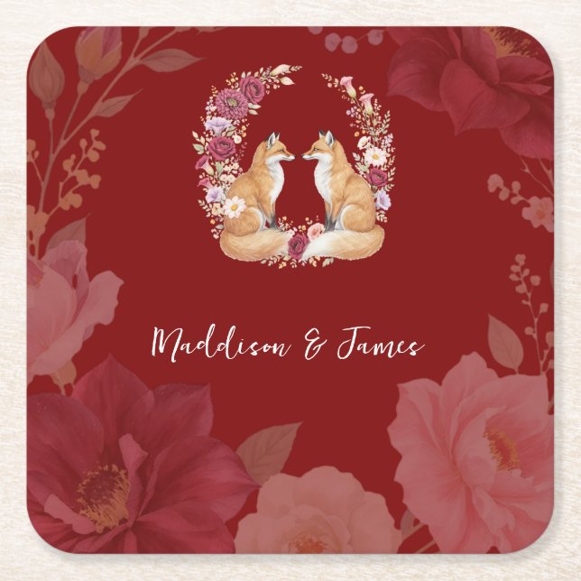 Playful Autumn Fox Wedding Square Paper Coaster (Front)