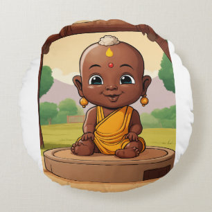 Playful Baby Buddha – African Toddler Cartoon on Round Cushion
