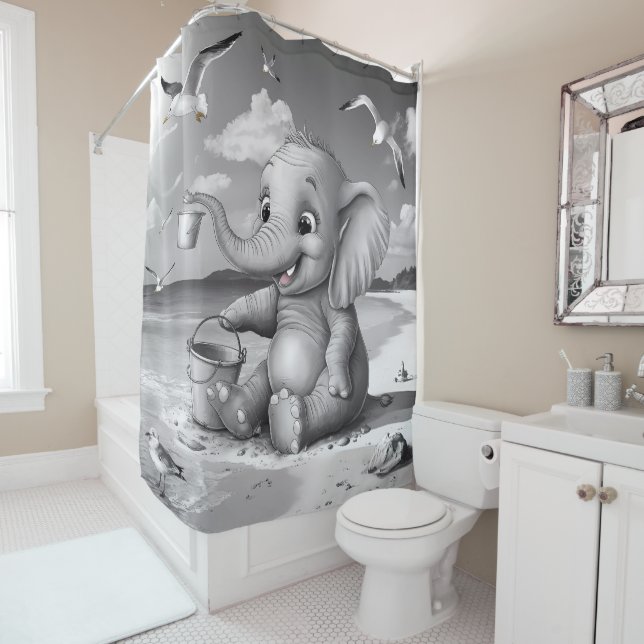 Playful Baby Elephant Beach Adventure Adorable Fun Shower Curtain (In Situ)