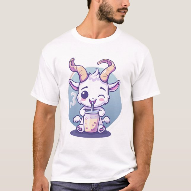 Playful Baby Goat Drinking a Colourful Drink T-Shirt (Front)