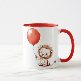 Playful Baby Lion with Red Balloon Mug