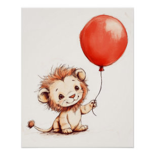 Playful Baby Lion with Red Balloon Poster