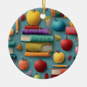 Playful Back-to-School Design with Books and Apple Ceramic Tree Decoration