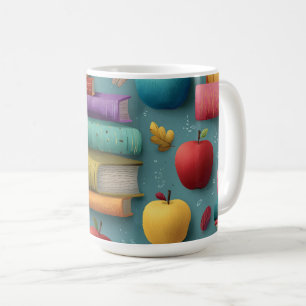 Playful Back-to-School Design with Books and Apple Coffee Mug