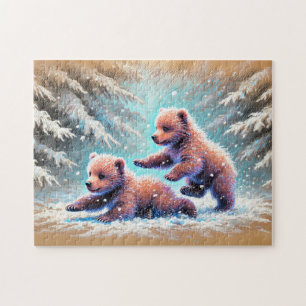 Playful Bear Cubs in Snow Pastel Chalk Drawing Jigsaw Puzzle