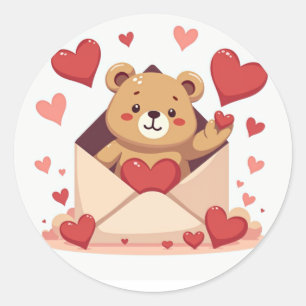 Playful Bear Popping Out of Envelope with Hearts Classic Round Sticker
