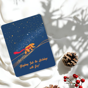 Playful Bear Sledding Starry Night Red Scarf Holiday Card