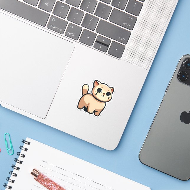 Playful Beige Cartoon Cat – Chubby Kitty with Tail (Laptop w/ iPhone)