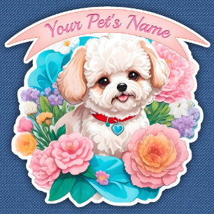 Playful  Bichon Frisé, colourful assorted flowers