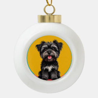Playful Black And Gray Terrier Puppy Portrait Ceramic Ball Christmas Ornament