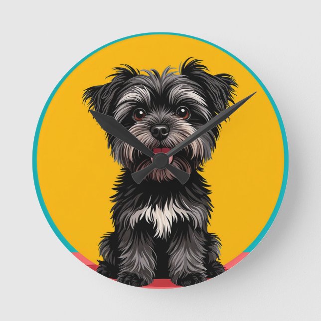 Playful Black And Gray Terrier Puppy Portrait Round Clock (Front)