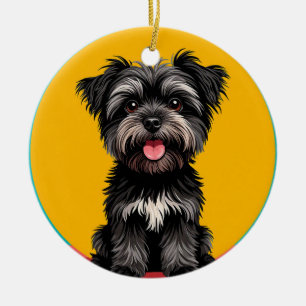 Playful Black And Grey Terrier Puppy Portrait Ceramic Tree Decoration