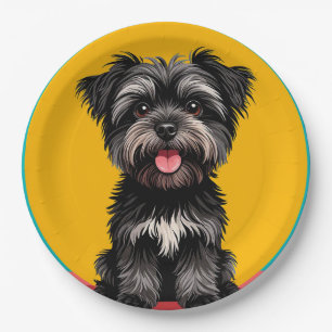 Playful Black And Grey Terrier Puppy Portrait Paper Plate