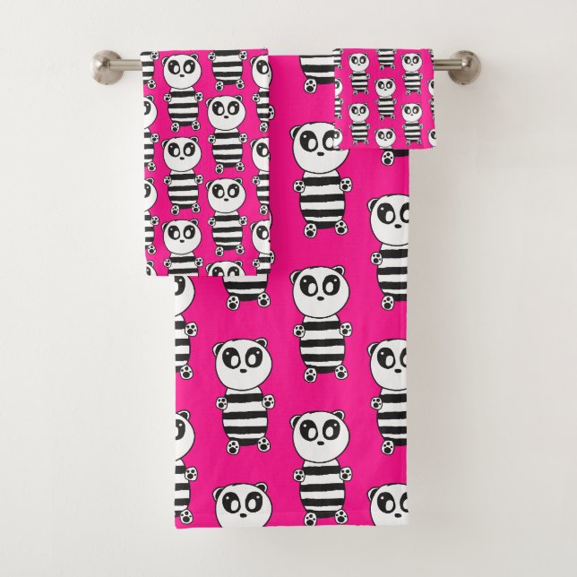 Playful Black and White Panda Art Bath Towel Set (Insitu)