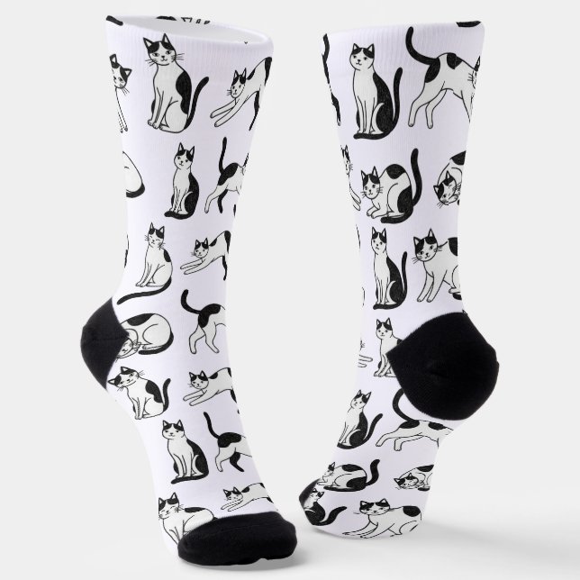 Playful Black and White Tuxedo Cat Pattern Socks (Angled)