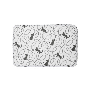 Playful Black Cat and Yarn Ball Pattern Bath Mat