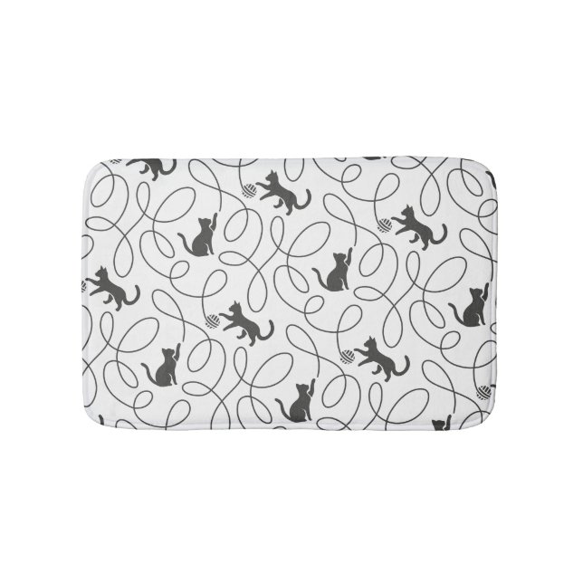 Playful Black Cat and Yarn Ball Pattern Bath Mat (Front)