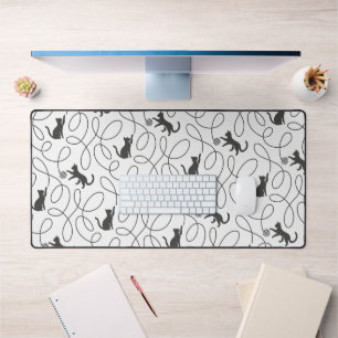 Playful Black Cat and Yarn Ball Pattern Desk Mat