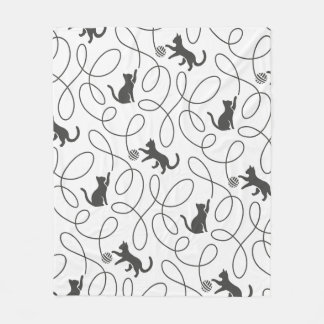 Playful Black Cat and Yarn Ball Pattern Fleece Blanket