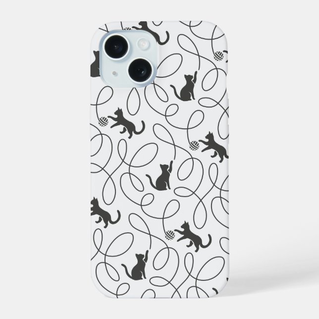 Playful Black Cat and Yarn Ball Pattern iPhone 15 Case (Back)