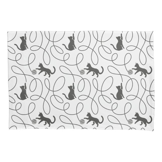 Playful Black Cat and Yarn Ball Pattern Pillowcase (Front)