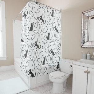 Playful Black Cat and Yarn Ball Pattern Shower Curtain